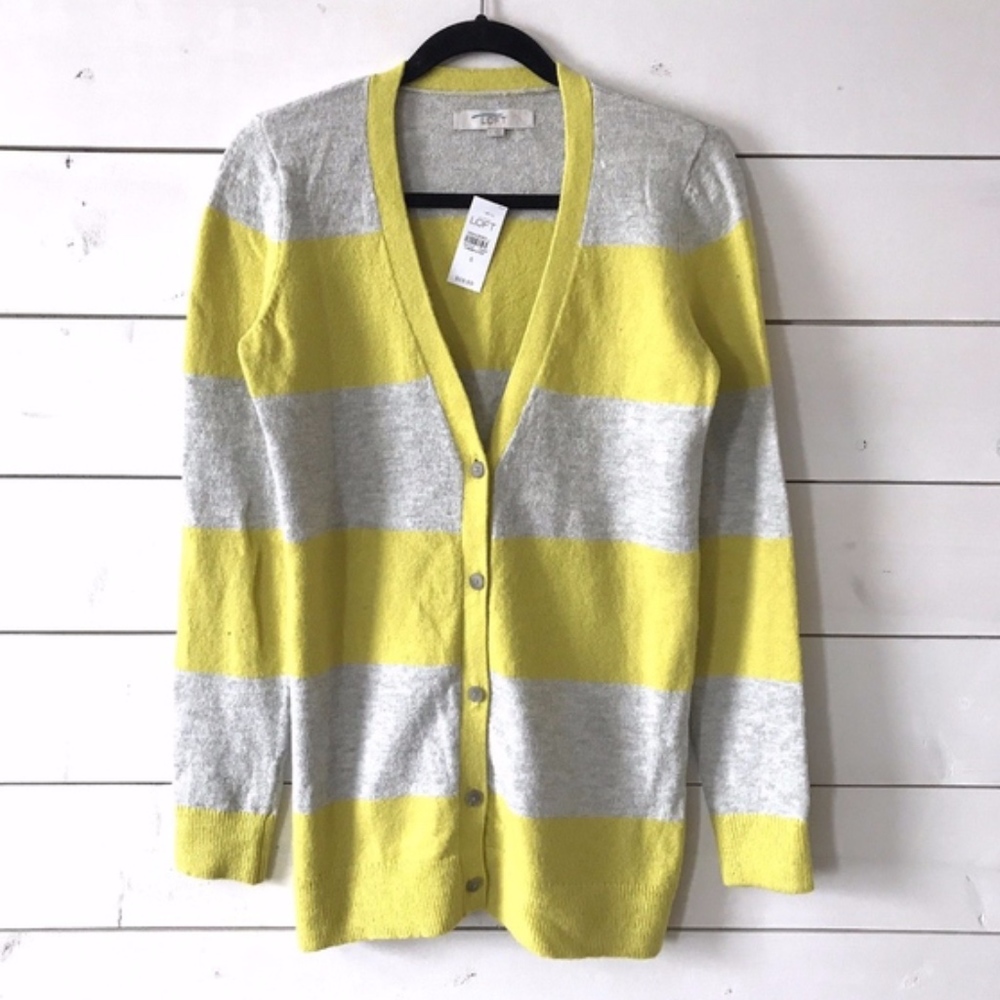 LOFT Gray Yellow Stripe Button Up Cardigan - Picture 1 of 5